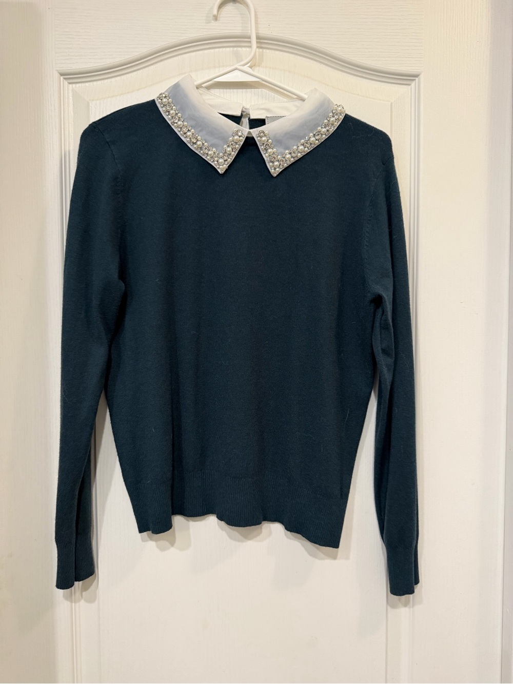 Pearl-Embellished Collar Crewneck Sweater - Dark Teal